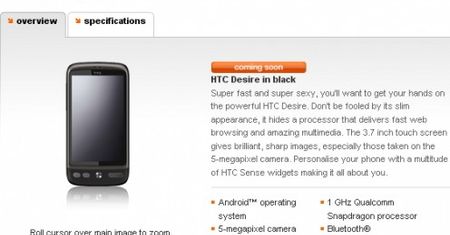 Czarny HTC Desire trafia na stronę brytyjskiego Orange