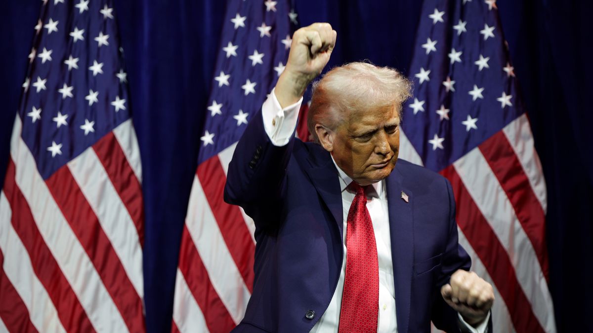 WASHINGTON, DC - JANUARY 06: U.S. President Donald Trump dances as he departs after speaking during a House Republican retreat at The John F. Kennedy Center for the Performing Arts on January 06, 2026 in Washington, DC. House Republicans will discuss their 2026 legislative agenda at the meeting. (Photo by Alex Wong/Getty Images)
