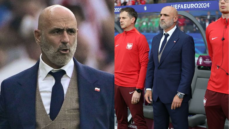 Michał Probierz w granatowym garniturze na meczu Polska-Austria