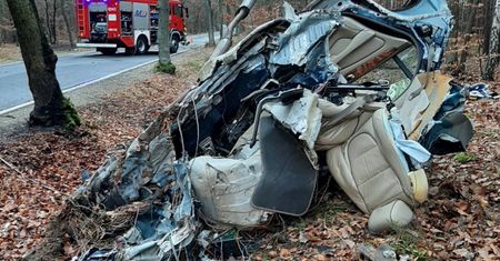 Tyle zostało z jaguara po uderzeniu w drzewo. Dwie osoby nie żyją