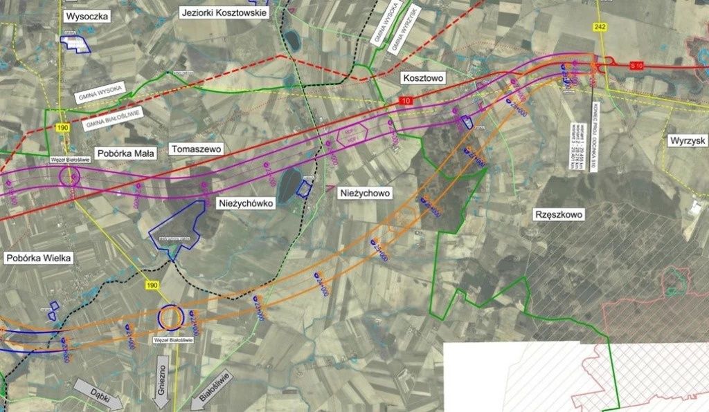 Projekt przyszłej S10 przechodzącej przez Powiat Pilski.