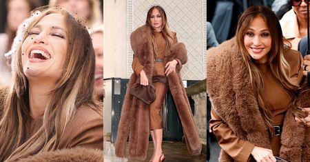 57-letnia Jennifer Lopez w czekoladowej stylizacji i woalce kradnie show na paryskim Fashion Weeku (ZDJĘCIA)