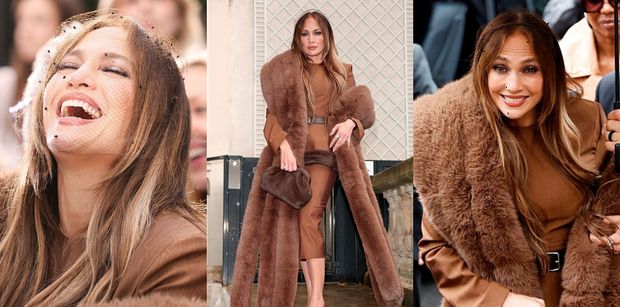 57-letnia Jennifer Lopez w czekoladowej stylizacji i woalce kradnie show na paryskim Fashion Weeku (ZDJĘCIA)