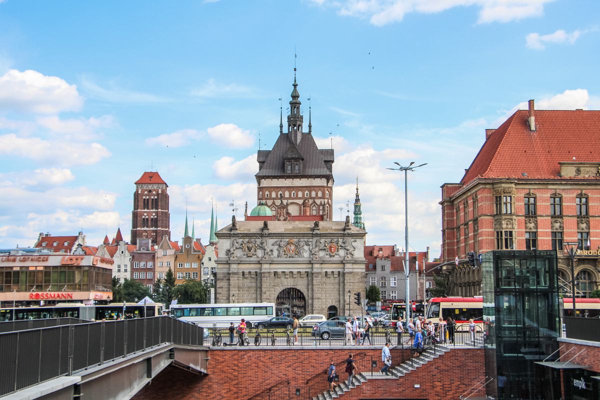 General view of the Old Town with Porta Alta (Brama Wyzynna, Basilica of St. Mary of the Assumption of the Blessed Virgin Mary (Bazylika Maracka ) and Lot building is seen in Gdansk, Poland on 15 August 2019  (Photo by Michal Fludra/NurPhoto via Getty Images)