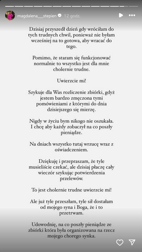 Magdalena Stępień zapowiada rozliczenie zbiórki na leczenie synka
