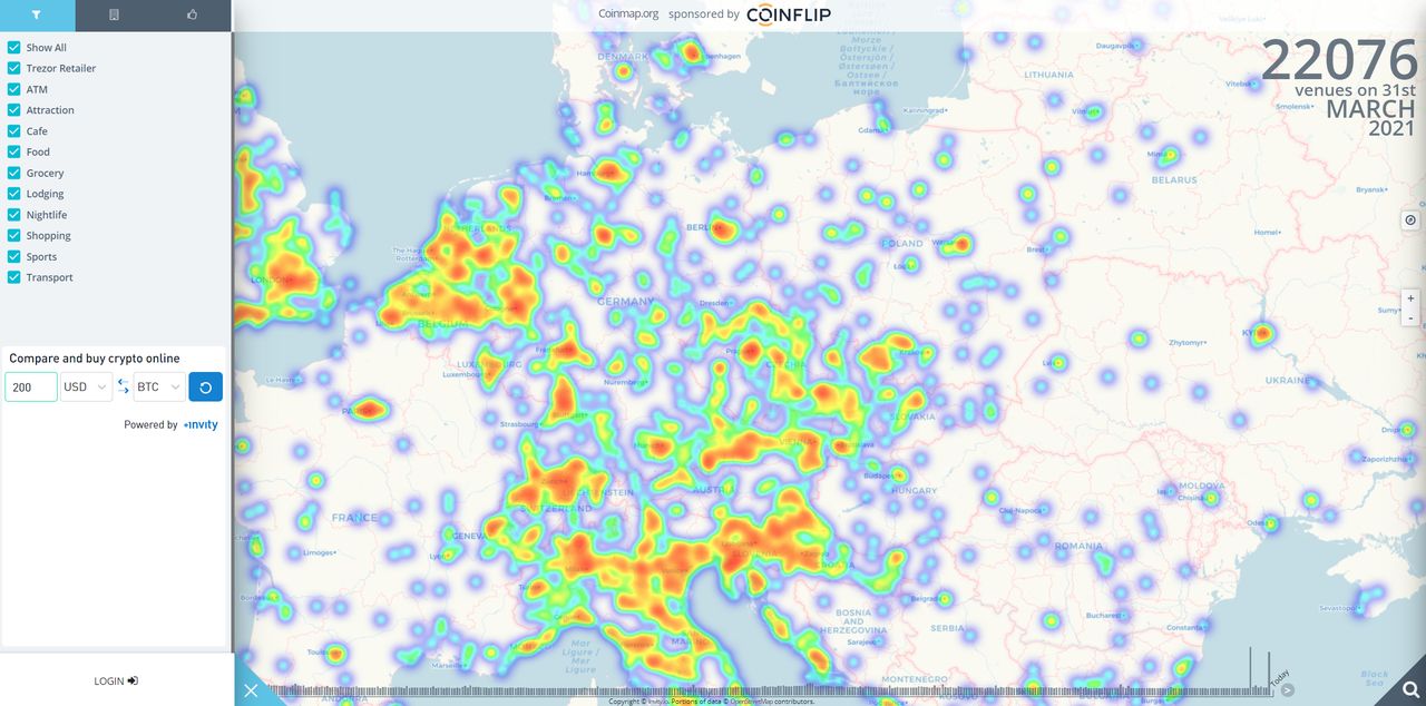 Czytelna mapa prezentująca, gdzie respektowane są płatności w BTC, źródło: coinmap.org