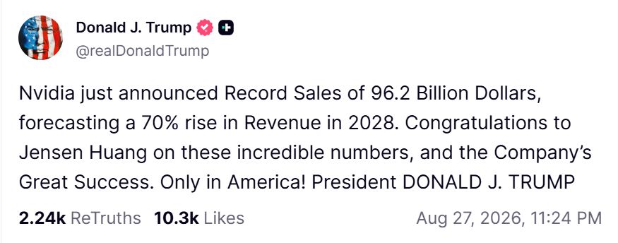 Donald Trump pogratulował Nvidii na Truth Social