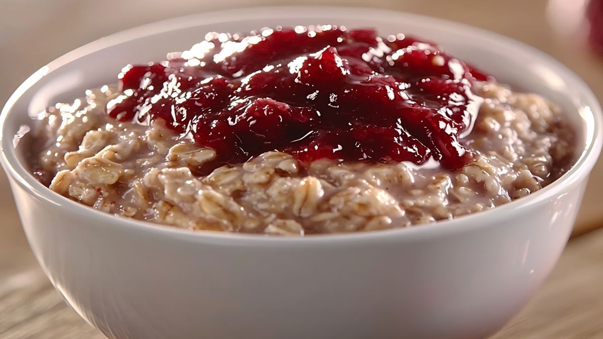 Owsianka z dżemem truskawkowym