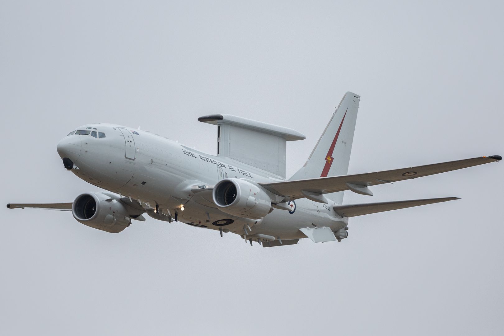 AVALON, AUSTRALIA - FEBRUARY 28: An RAAF E-7A Wedgetail flies on February 28, 2023 in Avalon, Australia. The 2023 Australian International Airshow & Aerospace and Defence Exposition (AVALON 2023) opened today. Organizers say there is a 14 percent increase over the 2019 event in exhibitors, and nearly 50 percent more industry, government, defence and scientific delegations. The show comes at a time of increasing military tension in both the Asia-Pacific and North Asia. (Photo by Asanka Ratnayake/Getty Images)