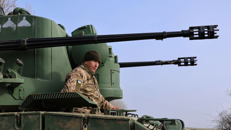 ODESA REGION, UKRAINE - FEBRUARY 22, 2024 - Servicemen of the Ukrainian Armed Forces man a Flakpanzer Gepard, a German self-propelled anti-aircraft gun (SPAAG), used to protect Ukraine against Shahed drones, Odesa region, southern Ukraine.  (Photo credit should read Nina Liashonok / Ukrinform/Future Publishing via Getty Images)