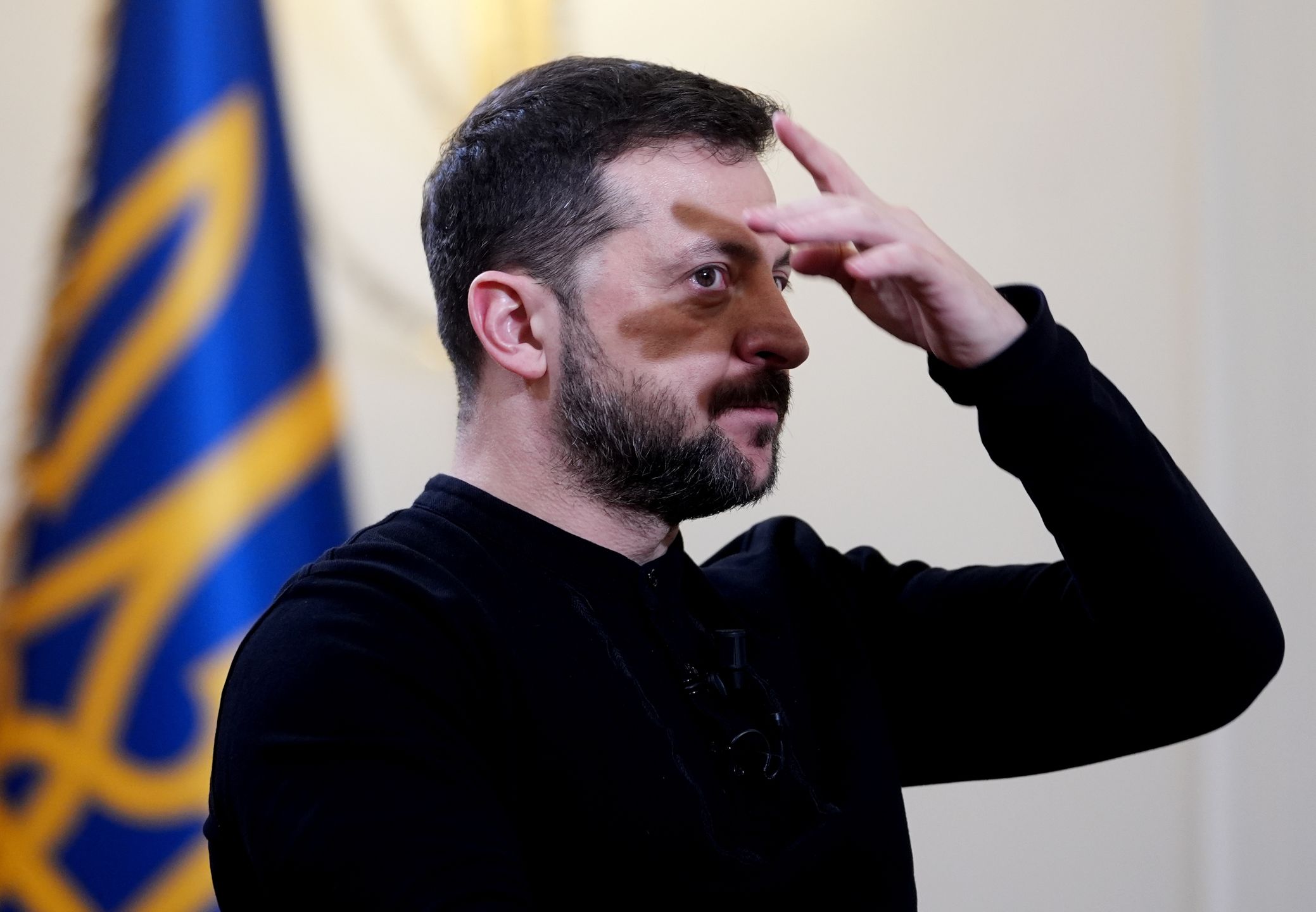 ANKARA, TURKIYE - FEBRUARY 18: Ukrainian President Volodymyr Zelenskyy answers the questions of press members at Esenboga Airport before leaving the country in Ankara, Turkiye on February 18, 2025. (Photo by Evrim Aydin/Anadolu via Getty Images)
