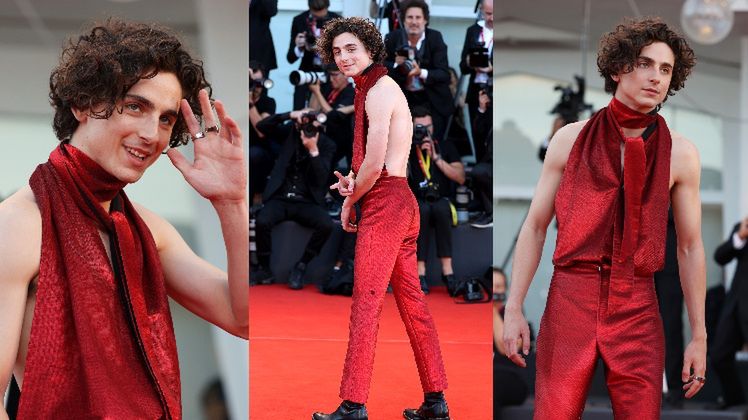 Timothee Chalamet odsłania plecy w ekstrawaganckim, czerwonym kombinezonie na festiwalu Filmowym w Wenecji 