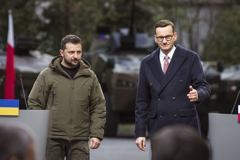 WARSAW, MAZOWIECKIE, POLAND - 2023/04/05: President Volodymyr Zelensky and Prime Minister Mateusz Morawiecki are seen during a press conference outside the Prime Minister's office in Warsaw. Volodymyr Zelensky and his wife Olena made a one day visit to Warsaw as a gesture of thanks to neighbouring Poland for it's support in Ukraine's defense against the Russian invasion on Ukraine. The Ukrainian President met the Polish Prime Minister Mateusz Morawiecki to discuss the further military support of Poland for Ukraine's army. . (Photo by Attila Husejnow/SOPA Images/LightRocket via Getty Images)