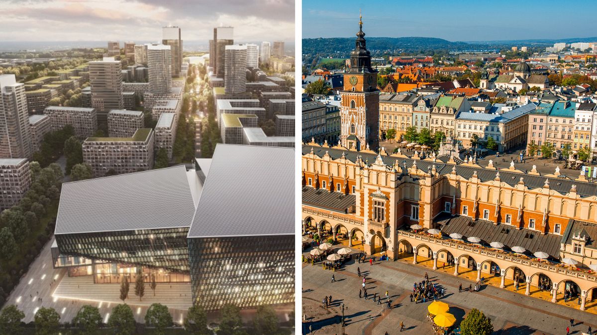 Kraków - wizualizacja Nowego Miasta i zdjęcie Rynku Głównego z lotu ptaka