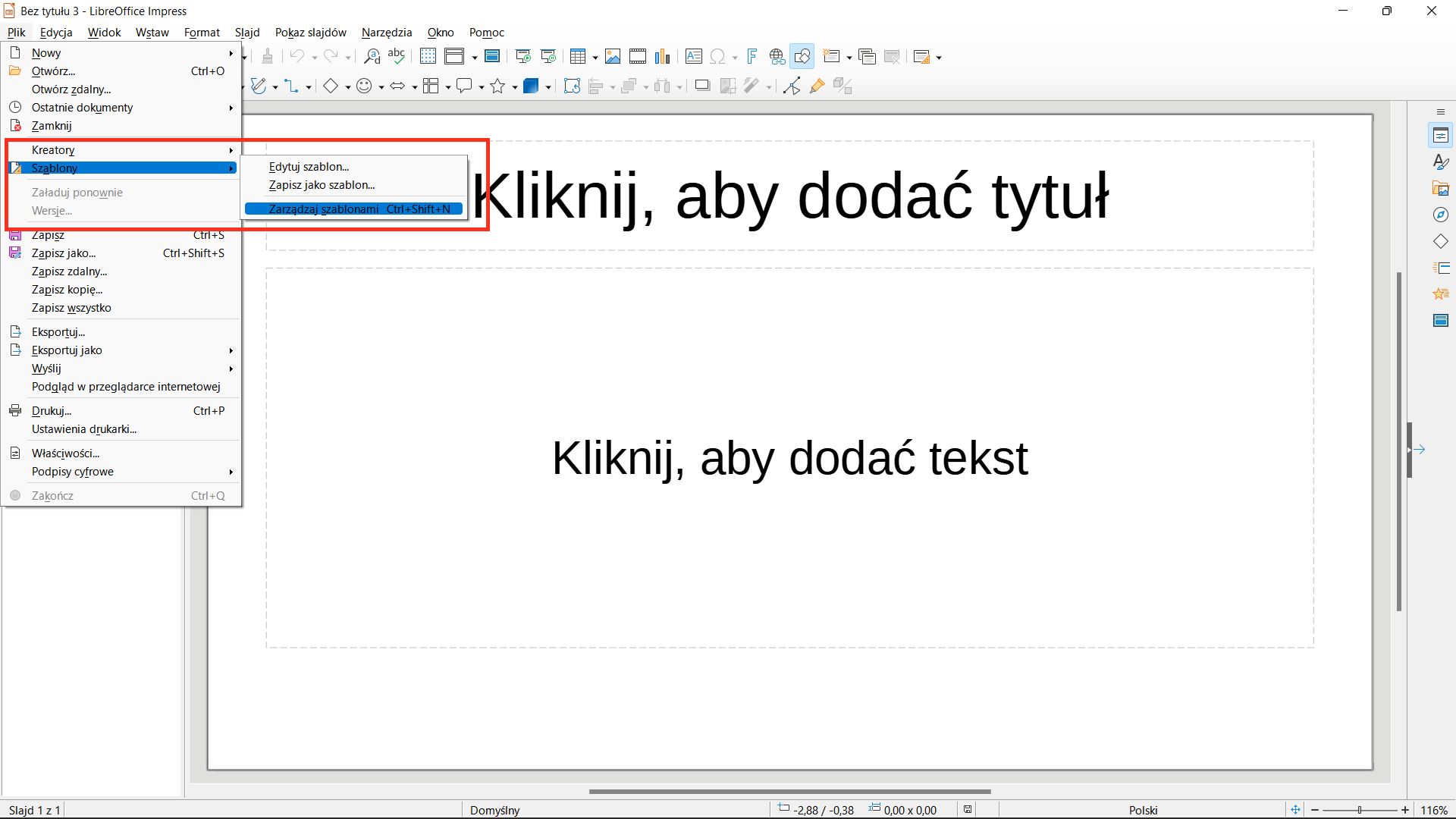 Kolejnym krokiem podczas zmiany szablonu prezentacji jest wybór funkcji zarządzaj.