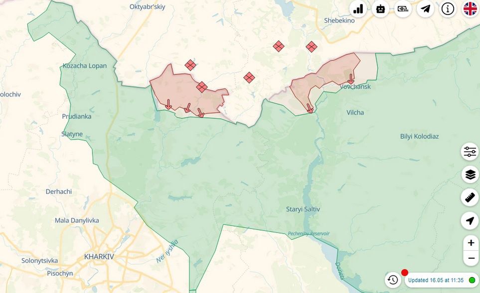 Fragment mapy Deep State Map, pokazujący sytuację na froncie w okolicach Wowczańska. Na zielono - teren pod kontrolą Ukrainy. Na czerwono - rejon atakowany przez Rosjan