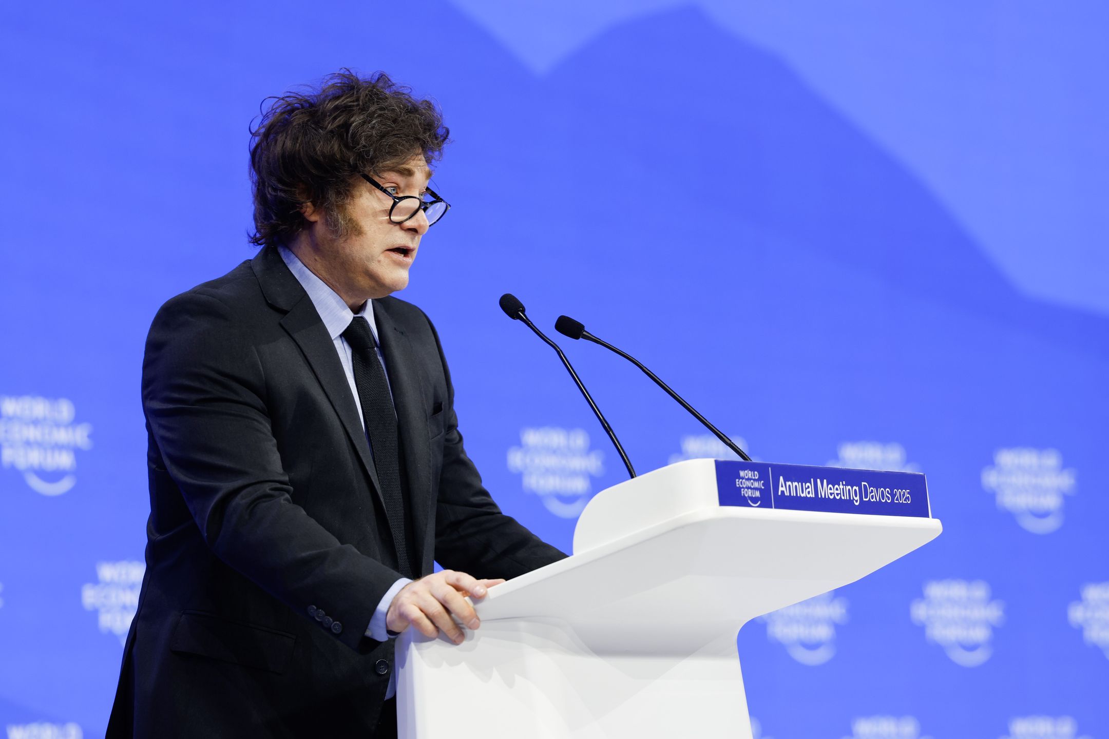 Javier Milei, Argentina's president, at the World Economic Forum (WEF) in Davos, Switzerland, on Thursday, Jan. 23, 2025. The annual Davos gathering of political leaders, top executives and celebrities runs from January 20 to 24. Photographer: Stefan Wermuth/Bloomberg via Getty Images