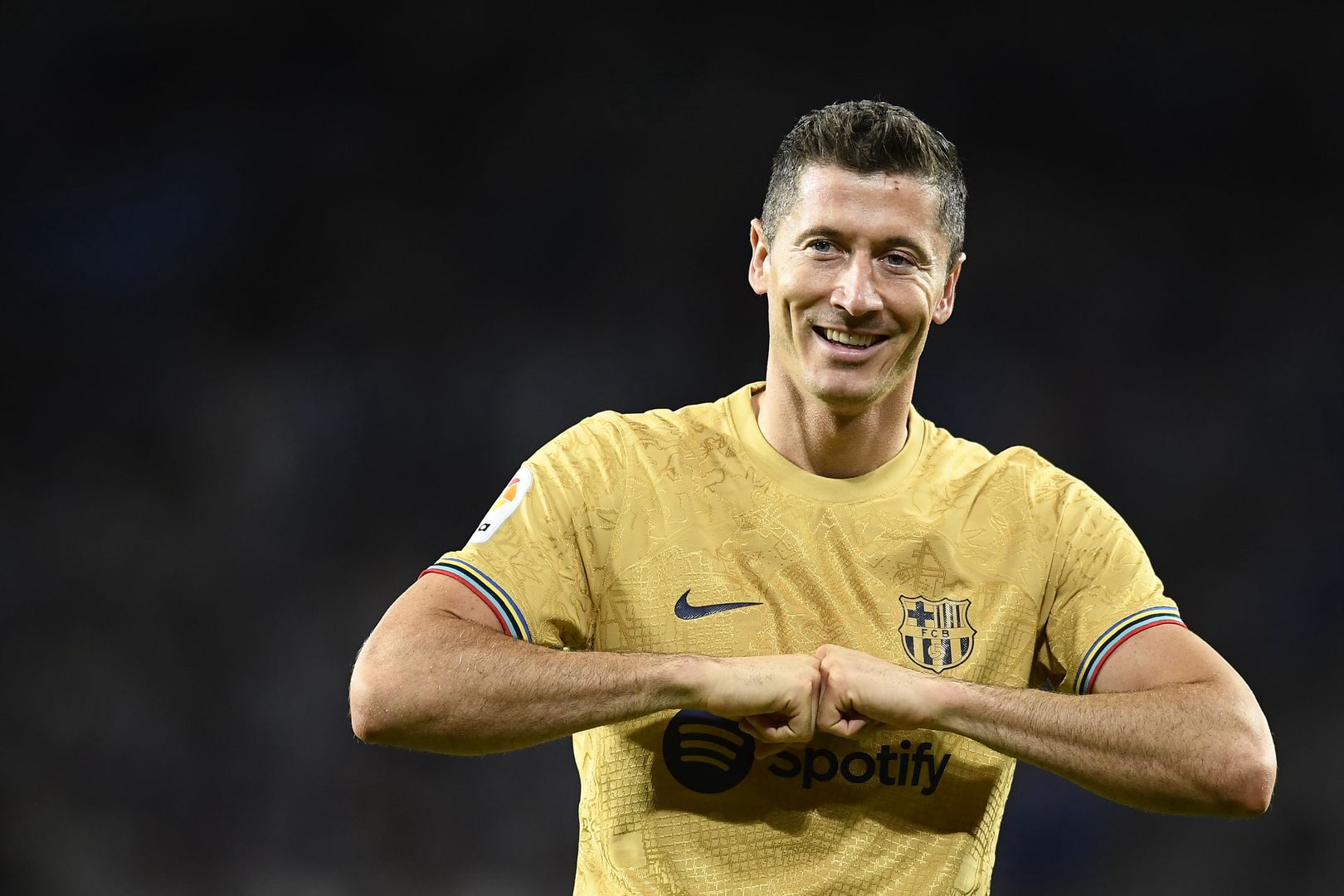 SAN SEBASTIAN, SPAIN - 21 August: Robert Lewandowski centre-forward of Barcelona and Poland celebrates after scoring his sides first goal during the La Liga Santander match between Real Sociedad and FC Barcelona at Reale Arena on August 21, 2022 in San Sebastian, Spain. (Photo by Jose Hernandez/Anadolu Agency via Getty Images)
