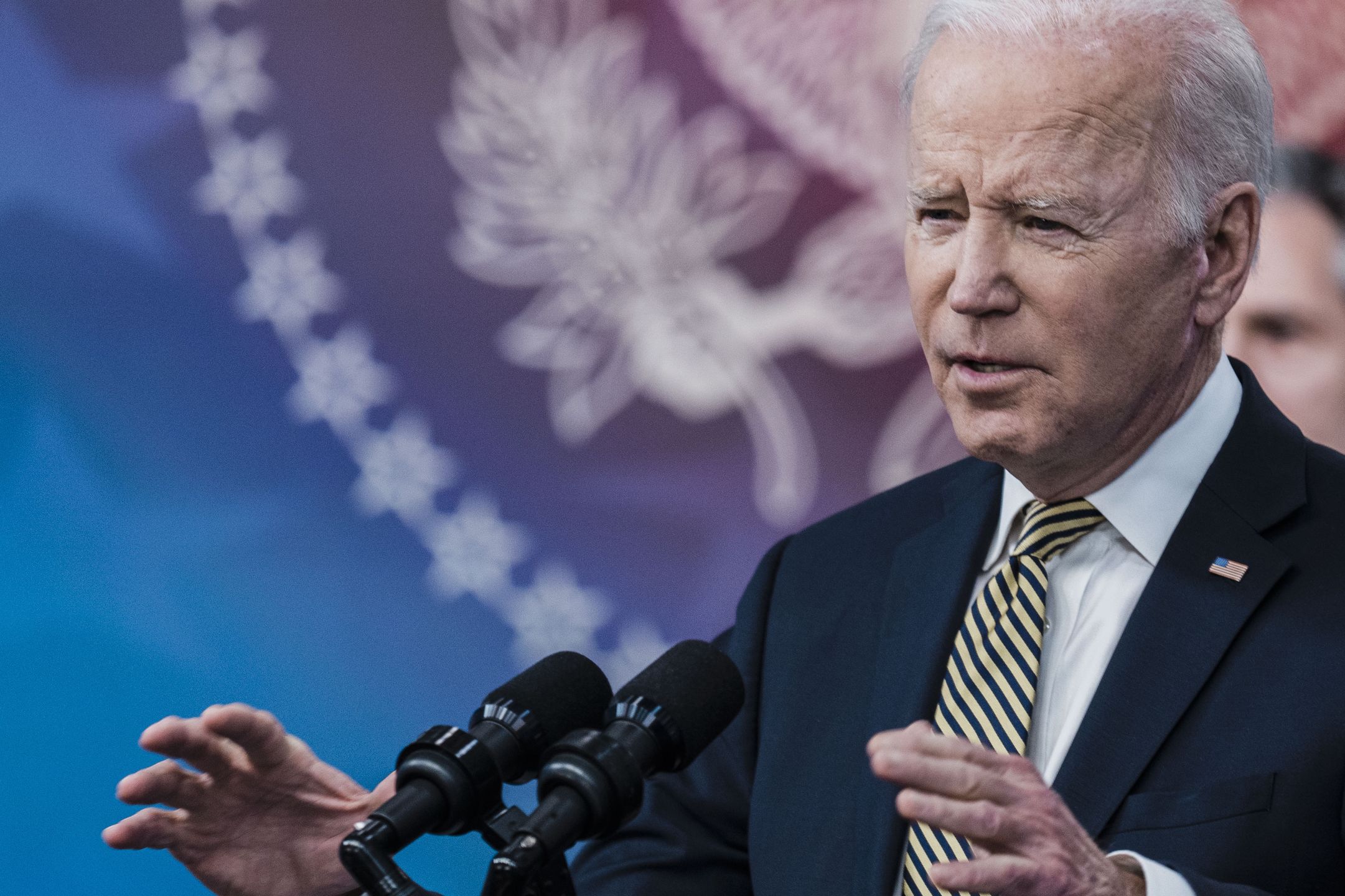 WASHINGTON, DC - MARCH 16: President Joe Biden, center, delivers remarks on Ukraine, flanked by Secretary of State Antony Blinken, Deputy Secretary of Defense Kathleen Hicks and Chairman of the Joint Chiefs of Staff Gen. Mark Milley, during an event in the South Court Auditorium at Eisenhower Executive Office Building on the White House Campus on Wednesday, March 16, 2022 in Washington, DC.  (Kent Nishimura / Los Angeles Times via Getty Images)