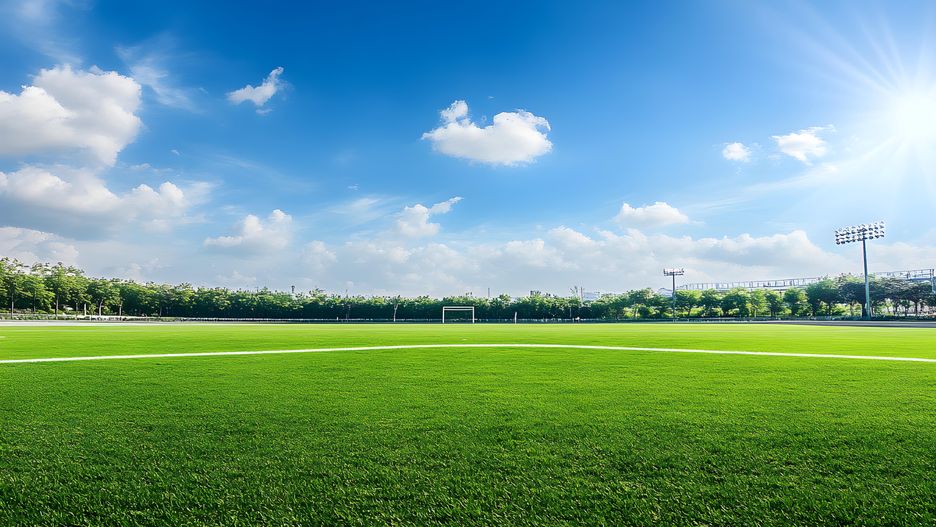 soccer field, blue sky, green grass, outdoor sports, football pitch, sunshine, clouds, serenity, nature backdrop, athletic grounds, goalpost, corner flag, midfield line, clear weather, sun flare, artificial turf, leisure activity area, open space environment, sports field, soccer match, field lines, sports venue, football game, field layout, sports setting, soccer environment, field perspective, football competition, field maintenance, soccer arena, soccer stadium, field texture, sports lighting, soccer event, field reflections, soccer ground, sports ambiance, soccer field design, field panorama, soccer field view