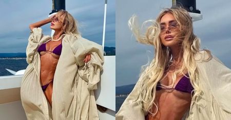 Julia Dybowska z fryzurą czesaną przez wiatr prezentuje ekstremalnie szczupłą sylwetkę na pokładzie luksusowego jachtu