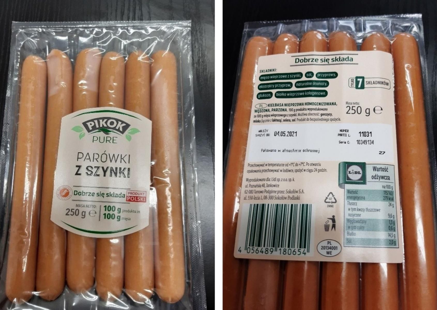 Parówki z szynki 250 g &quot;Pikok Pure&quot; wycofane (GIS)