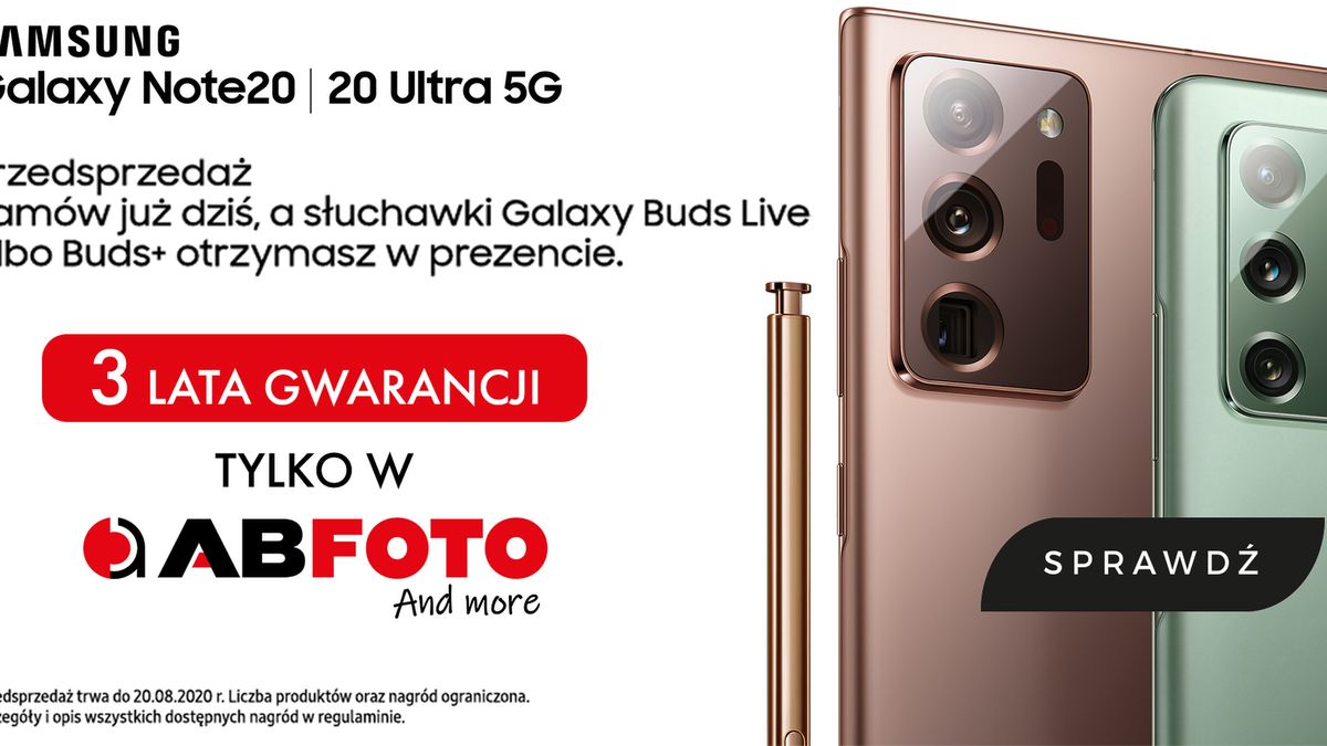 Ruszyła przedsprzedaż Samsunga Galaxy Note 20 – już od 4349 zł. Zamawiać już można w sklepie AB Foto - oficjalnego dystrybutora Samsunga 1