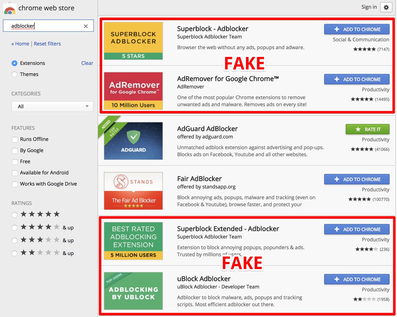 Cztery z sześciu wyników wyszukiwania na pierwszej stronie w Chrome Web Store to dodatki-podróbki, źródło: AdGuard.