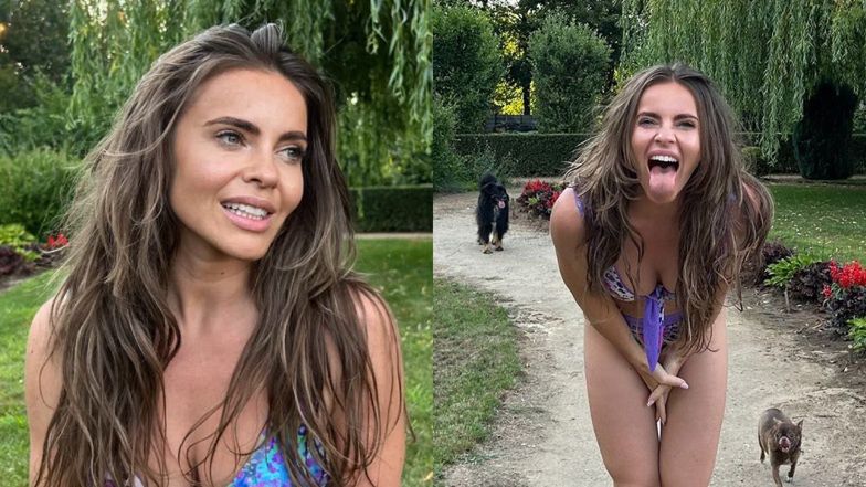 Skąpo ubrana Edyta Herbuś szalała po parku ze zwierzakami