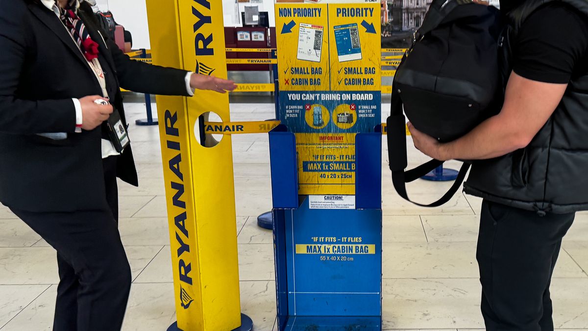 Rome And Vatican Daily Life And Economy
Ryanair bag sizer is seen at Rome Ciampino Airport in Ciampino, Italy on April 27, 2025. (Photo by Jakub Porzycki/NurPhoto via Getty Images)
NurPhoto
jakub porzycki, baggage, airport equipment, aviation, rome, ryanair policies, sizer, hand luggage, april 27, airline industry, airline photography., luggage dimensions, travel photography, travel guidelines, travel restrictions, airport facilities, air travel, nurphoto, carry-on, airline regulations, baggage policy, fitting, bag sizer, rome ciampino airport, flight, airline, ciampino, cabin, airline services