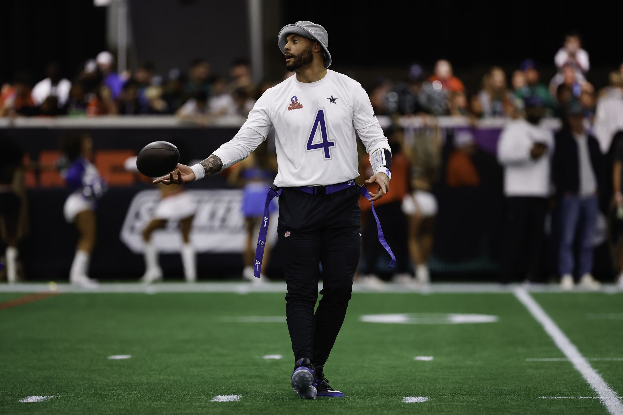 SAN FRANCISCO, CALIFORNIA - FEBRUARY 03: Dak Prescott #4 of the Dallas Cowboys tosses the ball during the 2026 NFL Pro Bowl game between the AFC and the NFC at the Moscone Center South on February 03, 2026 in San Francisco, California. The NFC won 66-52. (Photo by Alika Jenner/Getty Images)
