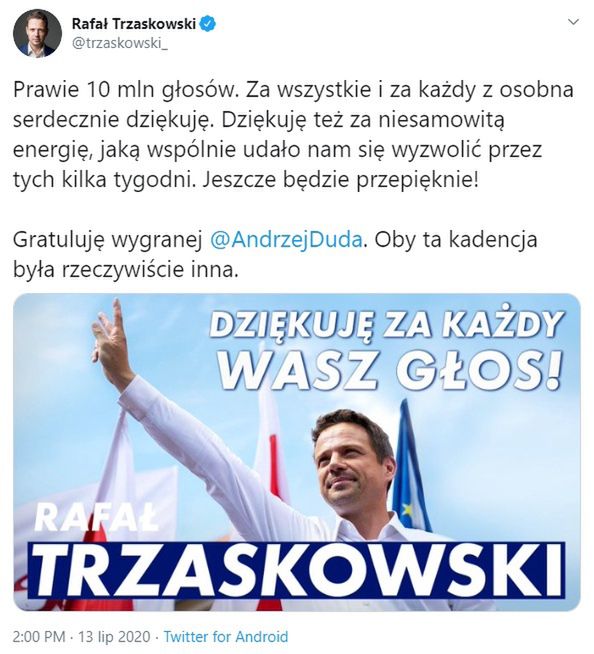 Rafał Trzaskowski dziękuje wyborcom
