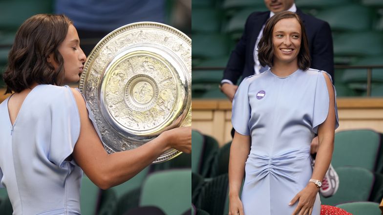 Iga Świątek w eleganckiej odsłonie ze słynnym trofeum