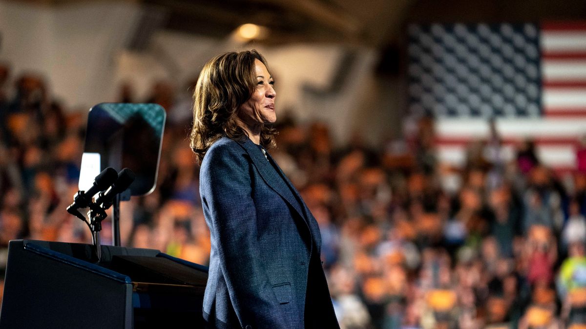US Vice President Kamala Harris during a campaign event at Jenison Field House at Michigan State University (MSU) in East Lansing, Michigan, US, on Sunday, Nov. 3, 2024. A flurry of polls released Sunday show Harris and former US President Donald Trump remain poised for a photo finish in this week's presidential election, with voters narrowly split both nationally and across the pivotal swing states that will decide the election. Photographer: Sarah Rice/Bloomberg via Getty Images