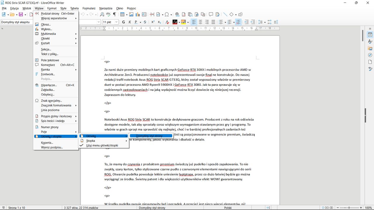 LibreOffice Writer: dodajemy nagłówek