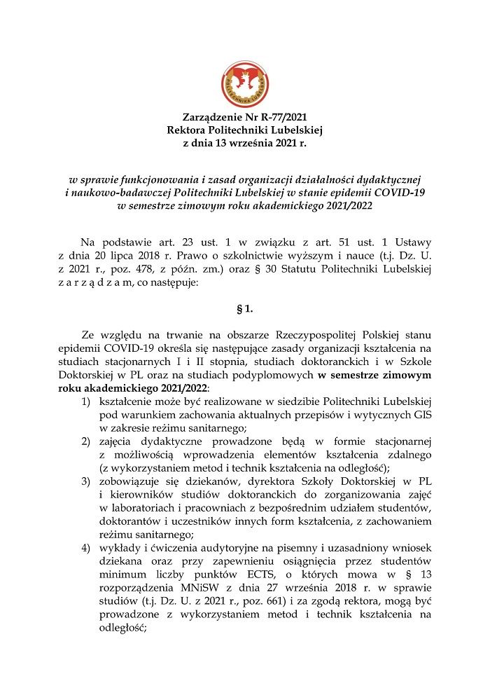 Zarządzenie Rektora Politechniki Lubelskiej ws. powrotu studentów na uczelnię