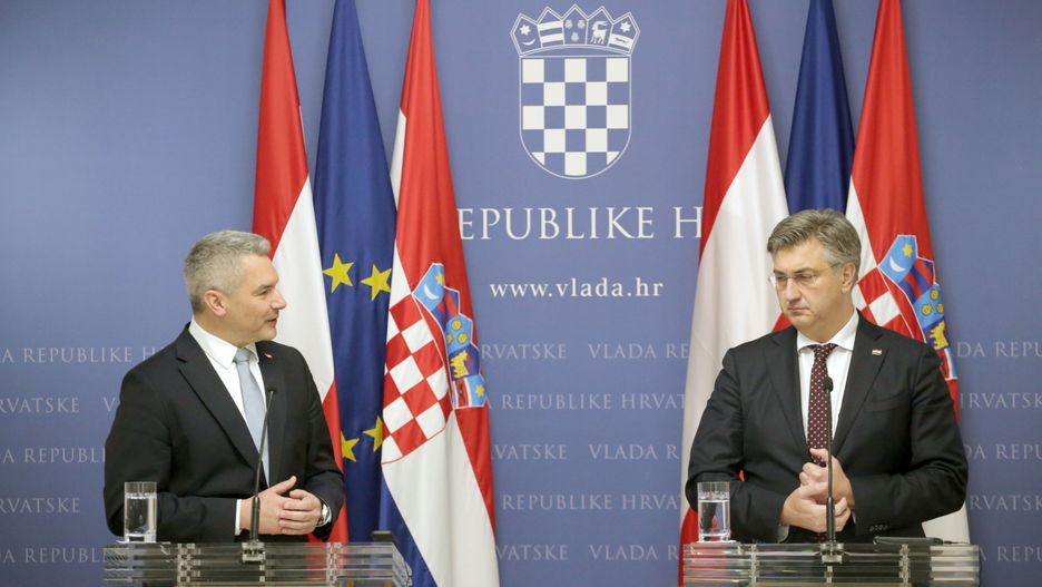 ZAGREB, CROATIA - NOVEMBER 23: Austrian Chancellor Karl Nehammer (L) and Croatian Prime Minister Andrej Plenkovic (R) hold a joint press conference after their meeting in Zagreb, Croatia on 23 November 2022. (Photo by Stipe Majic/Anadolu Agency via Getty Images)