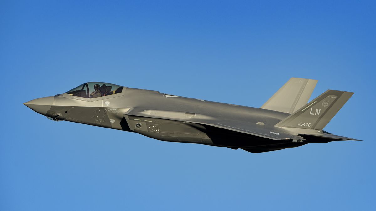 AF 19 5476 U.S. Air Force Lockheed Martin F-35A Lightning II of the 495th Fighter Squadron (Valkyries), 48th Fighter Wing heads through the Mach Loop. Thursday 20 January 2022.  (Photo by Jon Hobley/MI News/NurPhoto via Getty Images)