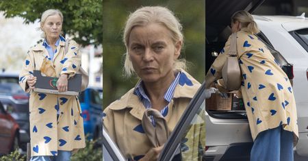 Naturalna Małgorzata Foremniak, w płaszczyku w serduszka, z kartonem w dłoniach, warzywniak opuszcza