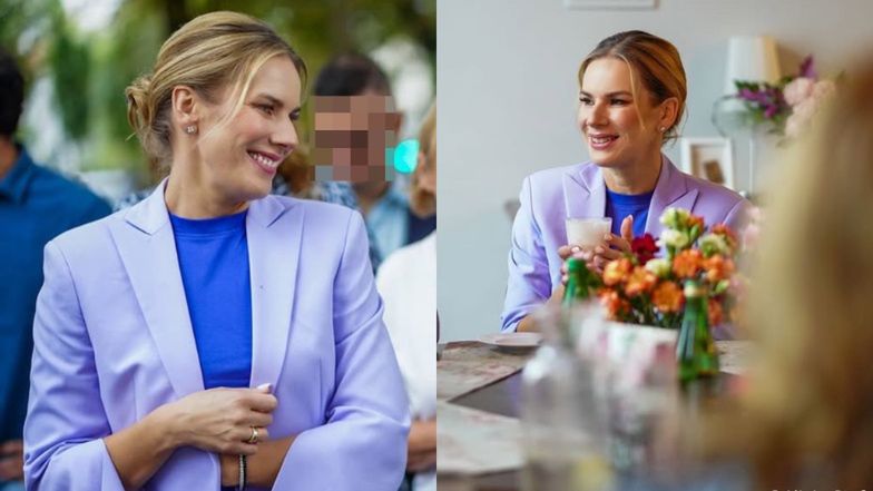 Marta Nawrocka w kolorowej stylizacji