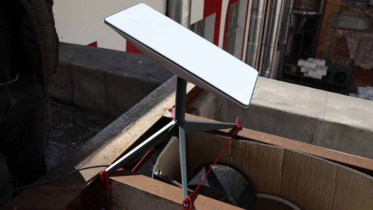 ODESA, UKRAINE - MARCH 15, 2022 - SpaceX Starlink internet terminal installed in Odesa, southern Ukraine (Photo credit should read Nina Lyashonok/ Ukrinform/Future Publishing via Getty Images)