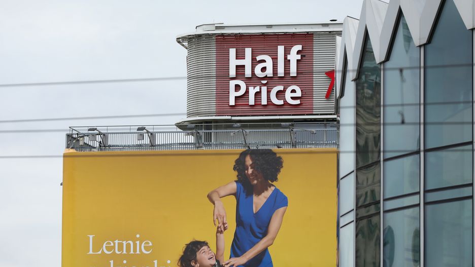 The Half Price logo is seen on the street in Warsaw, Poland, on June 11, 2025. (Photo by Klaudia Radecka/NurPhoto via Getty Images)