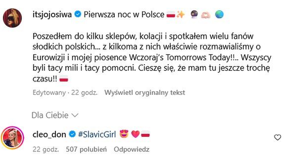 Cleo polubiła post Jojo Siwy przebywającej w Polsce