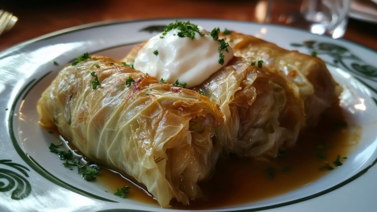 Gołąbki podaj z sosem pomidorowym i kleksem ze śmietany