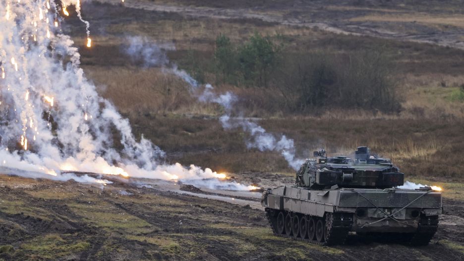 A Leopard 2 A6 battle tank, destined for Ukraine, during a presentation by the German Army Panzer Battalion 203 at the Field Marshal Rommel Barracks in Augustdorf, Germany, on Wednesday, Feb. 1, 2023. Germany pledged to supply Ukraine with 112 Leopard 2 battle tanks, regarded as one of the best tanks in the world, in a joint effort with allies to provide Ukraine's forces with a significant upgrade in firepower. Photographer: Alex Kraus/Bloomberg via Getty Images