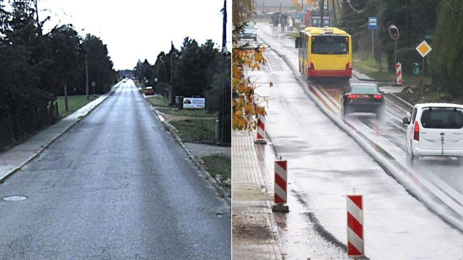 Ulica Męczeństwa Narodów w Brzezince przed remontem (z lewej) i obecnie
