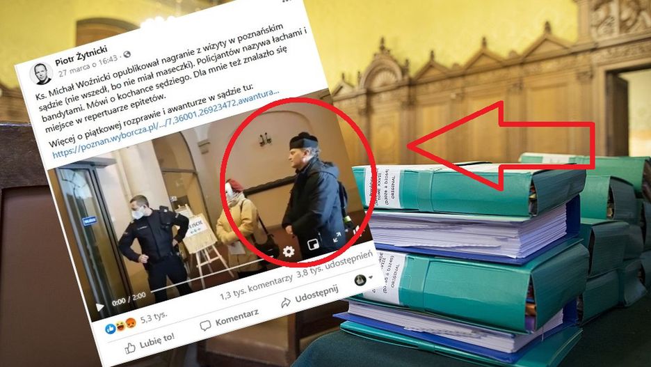 Poznań. Ksiądz Michał Woźnicki bez maski nie wszedł do sądu. Poleciały wyzwiska
