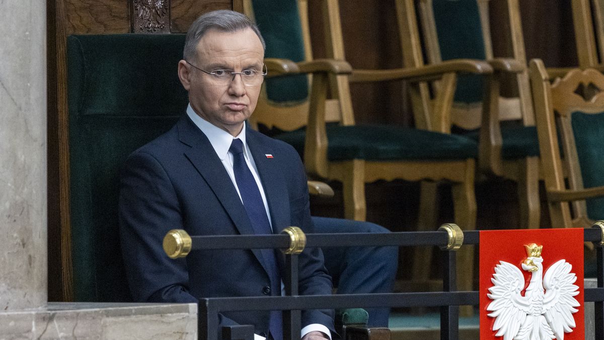 Polish President Andrzej Duda during Donald Tusk's speech in parliament on the situation in Ukraine in Warsaw, Poland, on March 7, 2025. (Photo by Andrzej Iwanczuk/NurPhoto via Getty Images)