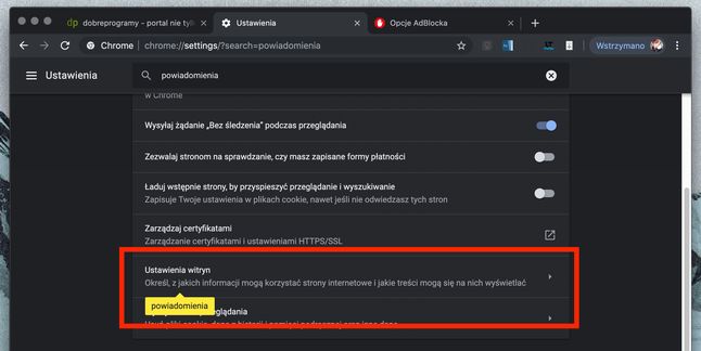 Wyszukiwanie powiadomień w ustawieniach Google Chrome