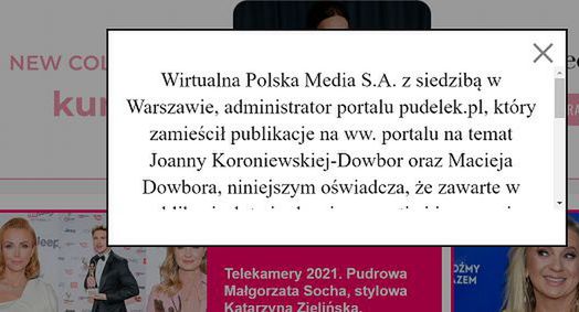 Pudelek przeprasza Joannę Koroniewską i Macieja Dowbora za naruszenie dobrego imienia
